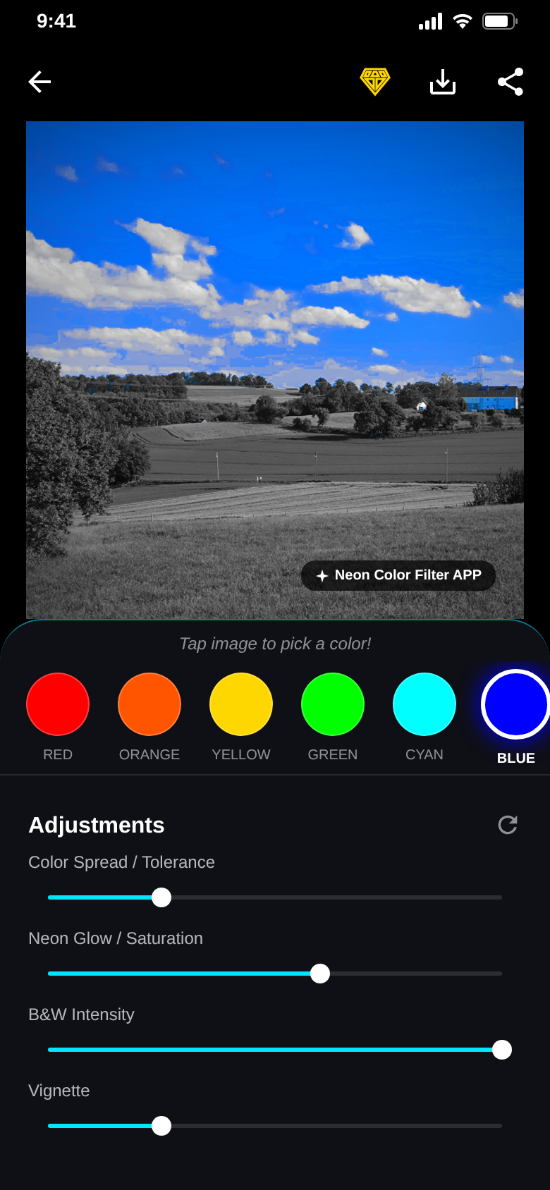 Blue filter: a bright blue sky over black-and-white fields and trees