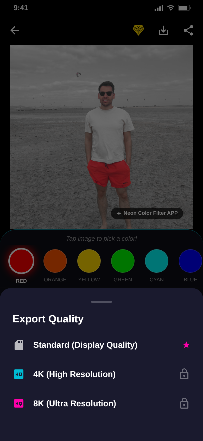 Export quality sheet with Standard, 4K and 8K; 4K and 8K are locked for Pro